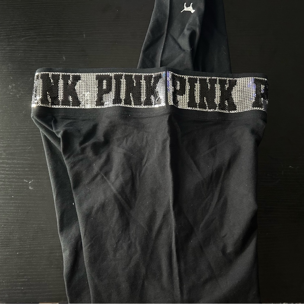 Victoria's Secret Pink Black Leggings with Silver PINK Sequin Logo
